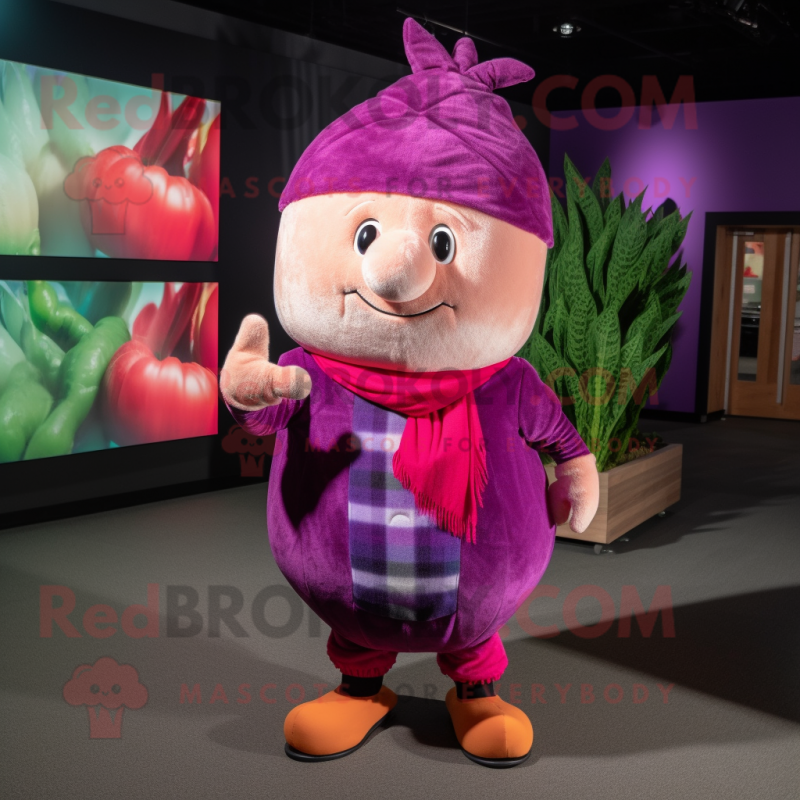 Magenta Turnip mascot costume character dressed with a Flannel Shirt and Cummerbunds Magenta Turnip mascot costume character dressed with a Flannel Shirt and Cummerbunds