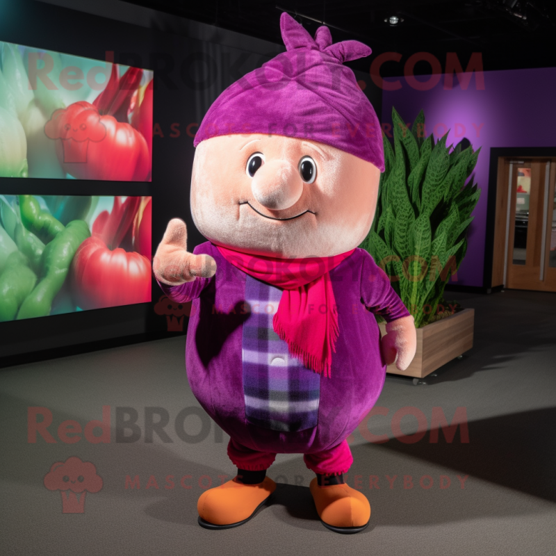 Magenta Turnip mascot costume character dressed with a Flannel Shirt and Cummerbunds