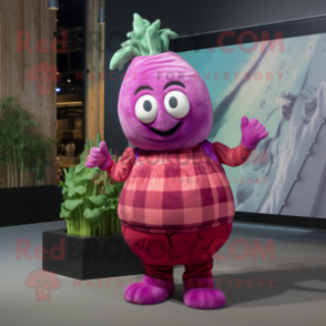 Magenta Turnip mascot costume character dressed with a Flannel Shirt and Cummerbunds
