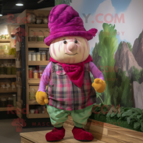 Magenta Turnip mascot costume character dressed with a Flannel Shirt and Cummerbunds