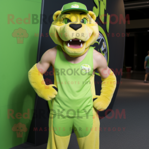 Lime Green Smilodon mascot costume character dressed with a Tank Top and Caps