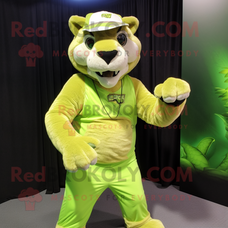 Lime Green Smilodon mascot costume character dressed with a Tank Top and Caps