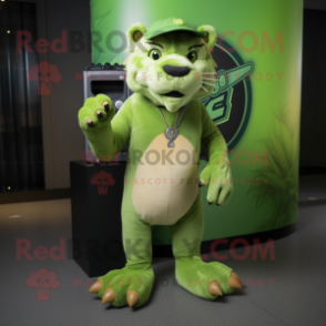 Lime Green Smilodon mascot costume character dressed with a Tank Top and Caps