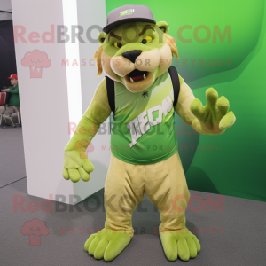Lime Green Smilodon mascot costume character dressed with a Tank Top and Caps