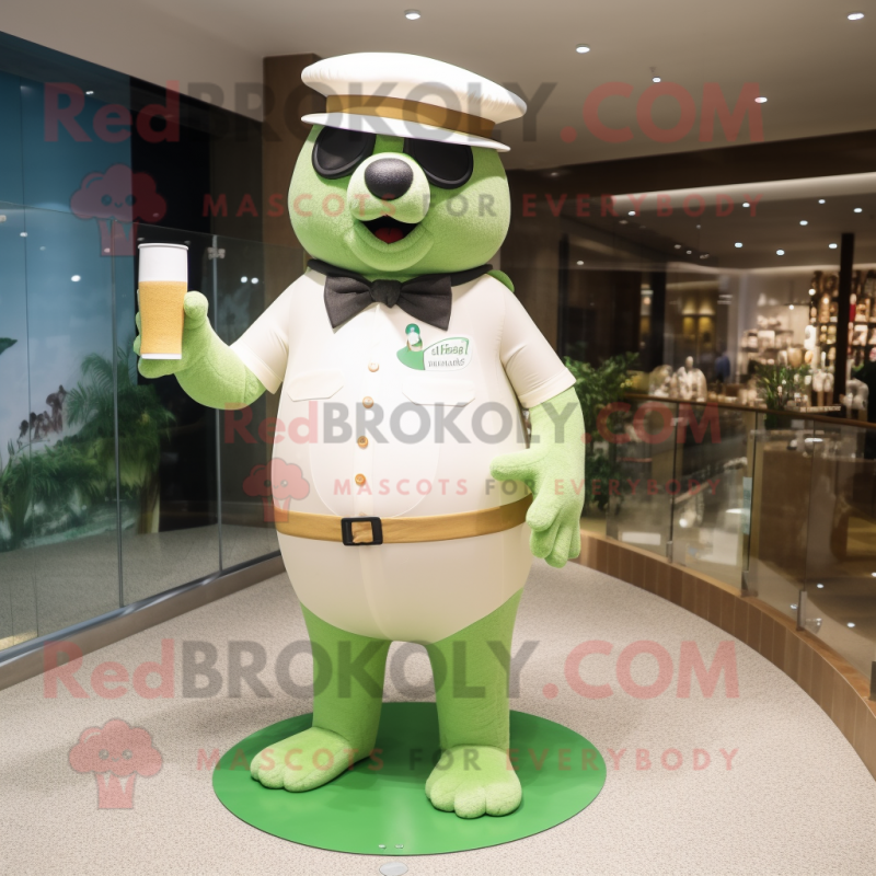 Cream Green Beer mascot costume character dressed with a One-Piece Swimsuit and Berets Cream Green Beer mascot costume character dressed with a One-Piece Swimsuit and Berets