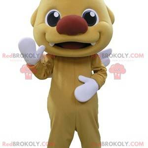 Mascote de boneco de neve amarelo muito sorridente com asas -