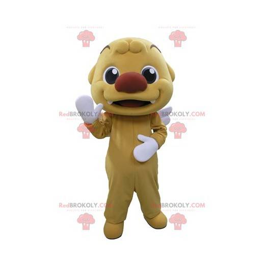 Mascote de boneco de neve amarelo muito sorridente com asas -