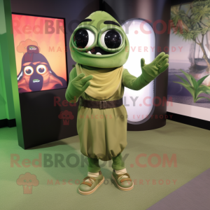 Olive Cyclops mascot costume character dressed with a Dress Pants and Bracelets
