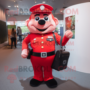 Red Police Officer mascot costume character dressed with a Dress Pants and Backpacks