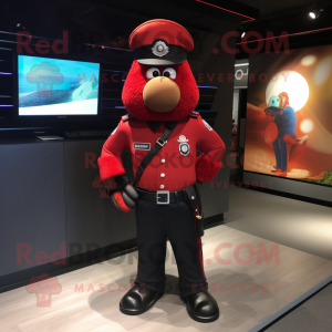 Red Police Officer mascot costume character dressed with a Dress Pants and Backpacks