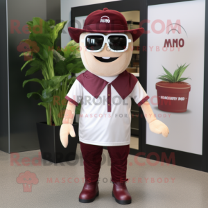 Maroon Hamburger mascot costume character dressed with a Henley Shirt and Sunglasses