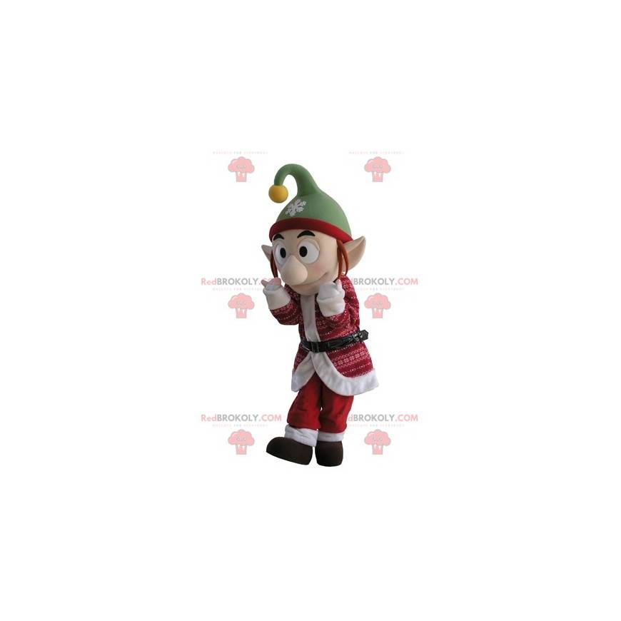 Mascote elfo com roupa de Natal e orelhas pontudas -
