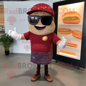 Maroon Hamburger mascot costume character dressed with a Henley Shirt and Sunglasses