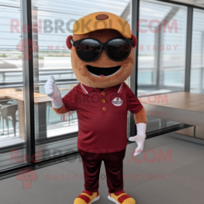 Maroon Hamburger mascot costume character dressed with a Henley Shirt and Sunglasses