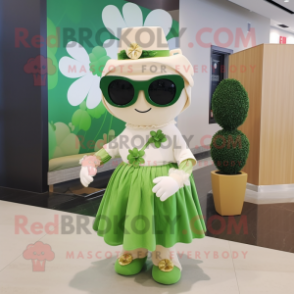 Cream Four Leaf Clover mascot costume character dressed with a Pleated Skirt and Sunglasses