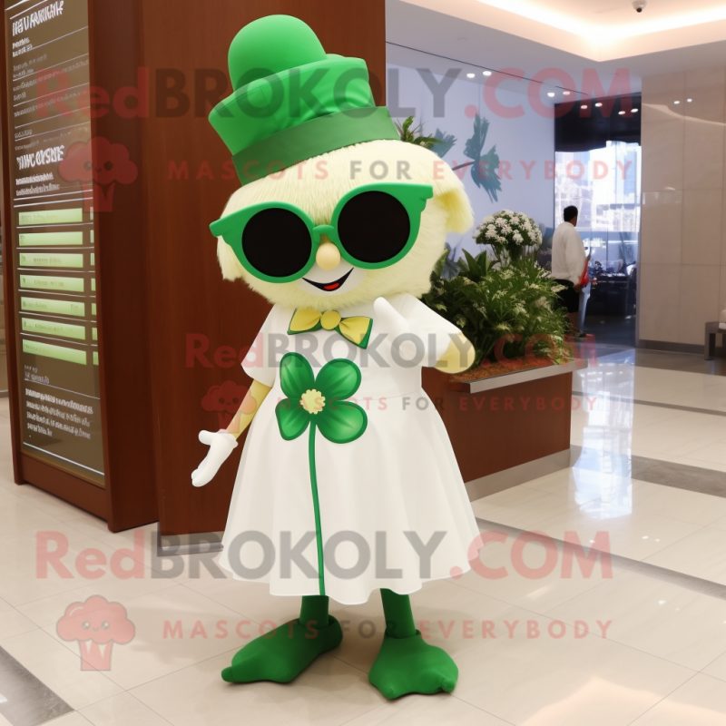 Cream Four Leaf Clover mascot costume character dressed with a Pleated Skirt and Sunglasses