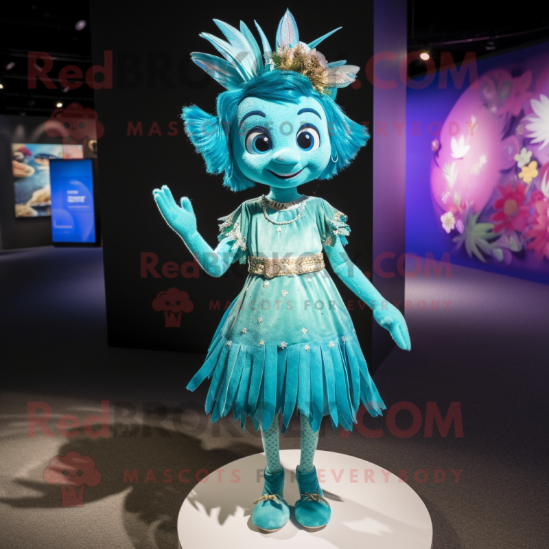 Turquoise Tooth Fairy mascot costume character dressed with a Mini Dress and Anklets Turquoise Tooth Fairy mascot costume character dressed with a Mini Dress and Anklets