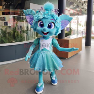 Turquoise Tooth Fairy mascot costume character dressed with a Mini Dress and Anklets