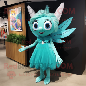 Turquoise Tooth Fairy mascot costume character dressed with a Mini Dress and Anklets