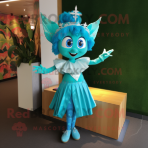 Turquoise Tooth Fairy mascot costume character dressed with a Mini Dress and Anklets