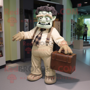 Beige Frankenstein mascot costume character dressed with a Flannel Shirt and Briefcases