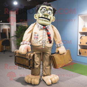 Beige Frankenstein mascot costume character dressed with a Flannel Shirt and Briefcases