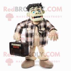 Beige Frankenstein mascot costume character dressed with a Flannel Shirt and Briefcases