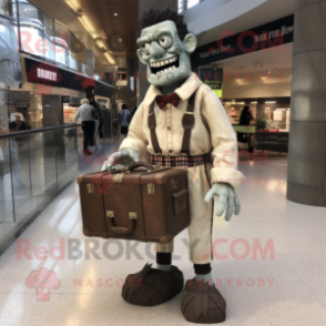 Beige Frankenstein mascot costume character dressed with a Flannel Shirt and Briefcases