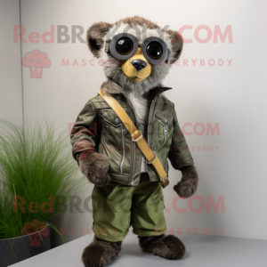 Olive Lemur mascot costume character dressed with a Biker Jacket and Shoe laces
