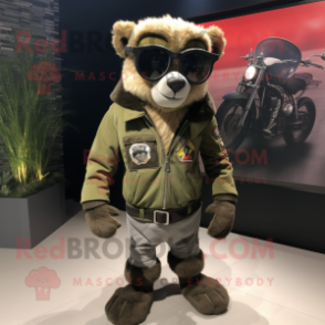Olive Lemur mascot costume character dressed with a Biker Jacket and Shoe laces