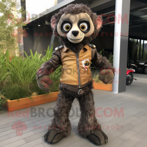 Olive Lemur mascot costume character dressed with a Biker Jacket and Shoe laces