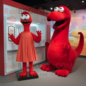 Red Loch Ness Monster mascot costume character dressed with a Pleated Skirt and Watches