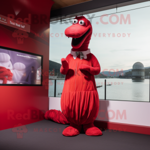 Red Loch Ness Monster mascot costume character dressed with a Pleated Skirt and Watches