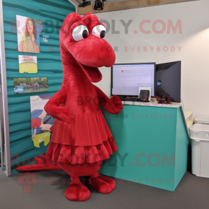 Red Loch Ness Monster mascot costume character dressed with a Pleated Skirt and Watches
