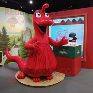 Red Loch Ness Monster mascot costume character dressed with a Pleated Skirt and Watches