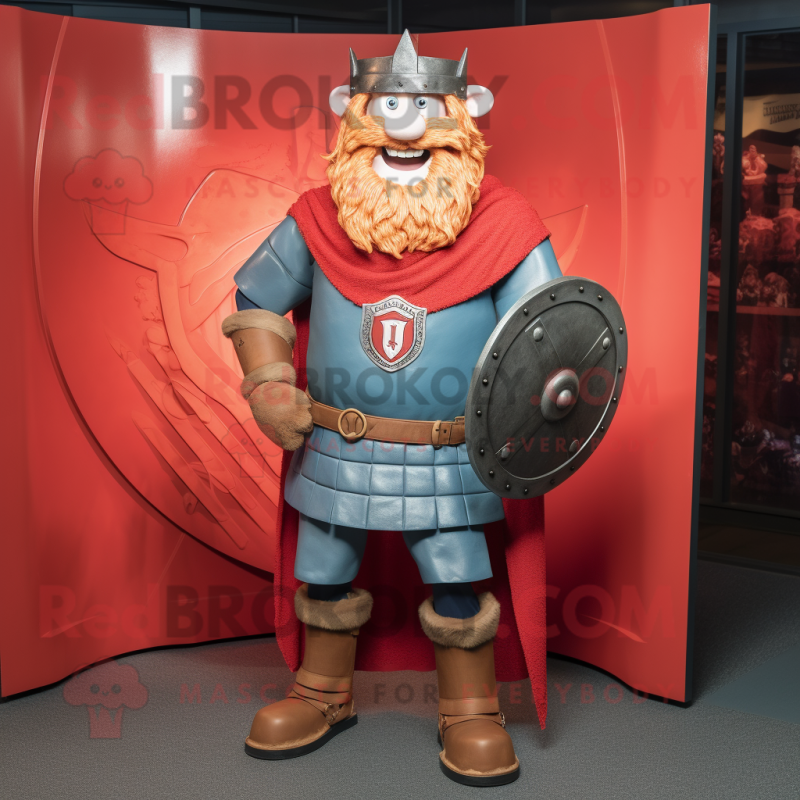 Red Celtic Shield mascot costume character dressed with a Denim Shorts and Belts Red Celtic Shield mascot costume character dressed with a Denim Shorts and Belts