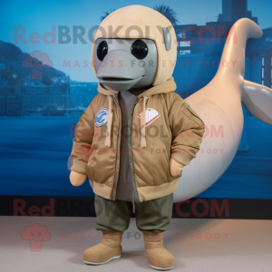 Tan Narwhal mascot costume character dressed with a Bomber Jacket and Scarves
