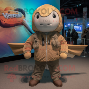 Tan Narwhal mascot costume character dressed with a Bomber Jacket and Scarves