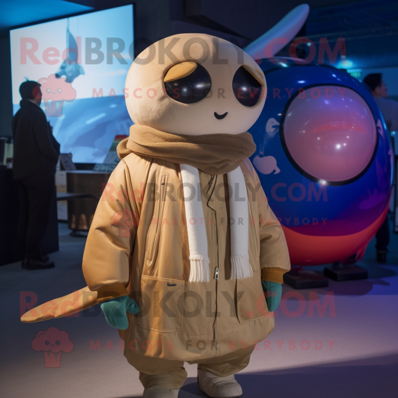 Tan Narwhal mascot costume character dressed with a Bomber Jacket and Scarves