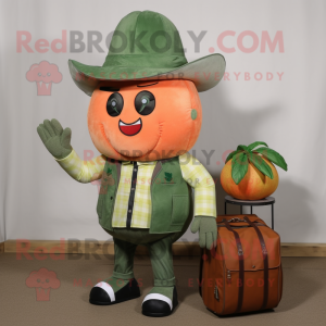 Forest Green Grapefruit mascot costume character dressed with a Overalls and Wallets