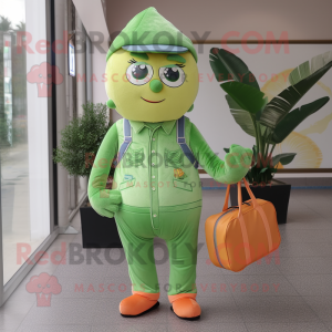 Forest Green Grapefruit mascot costume character dressed with a Overalls and Wallets