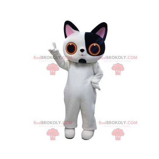 Mascotte de chat blanc et noir avec de grands yeux -