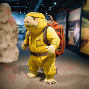 Yellow Glyptodon mascot costume character dressed with a Cargo Shorts and Belts