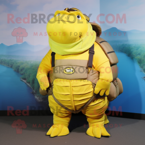 Yellow Glyptodon mascot costume character dressed with a Cargo Shorts and Belts