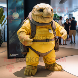 Yellow Glyptodon mascot costume character dressed with a Cargo Shorts and Belts