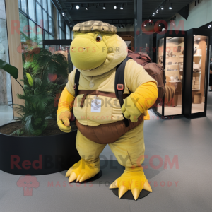 Yellow Glyptodon mascot costume character dressed with a Cargo Shorts and Belts