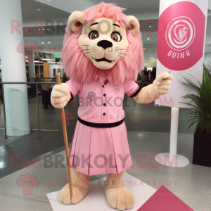 Pink Lion mascot costume character dressed with a Pencil Skirt and Lapel pins