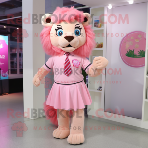 Pink Lion mascot costume character dressed with a Pencil Skirt and Lapel pins