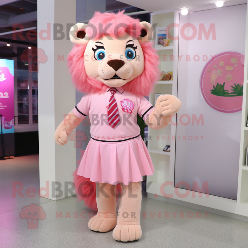 Pink Lion mascot costume character dressed with a Pencil Skirt and Lapel pins Pink Lion mascot costume character dressed with a Pencil Skirt and Lapel pins