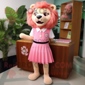 Pink Lion mascot costume character dressed with a Pencil Skirt and Lapel pins